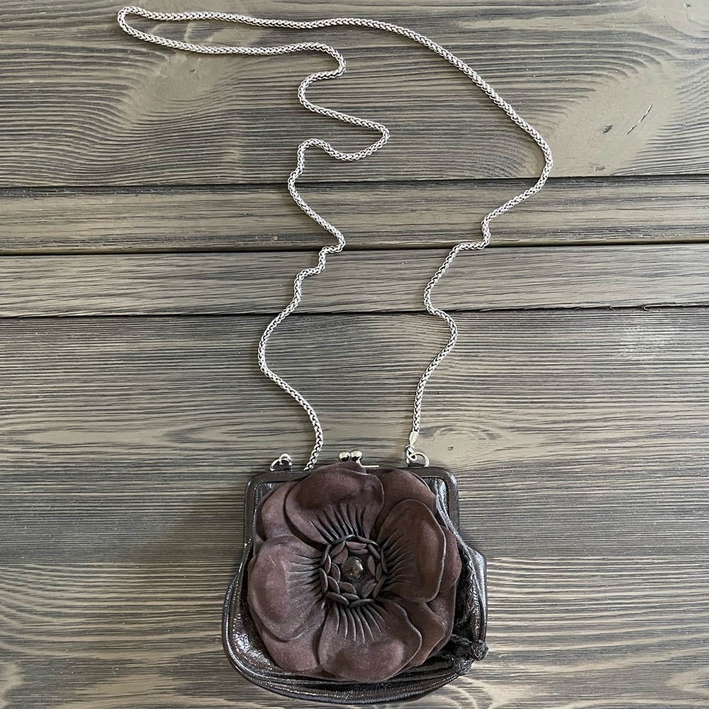 Brighton Mini Purse / Wristlet Brown Floral Design Silver Hardware Clasp